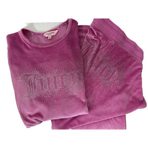 Juicy Couture 2pc Velour Loungewear Set Size Large Pink Rhinestone Studded Logo